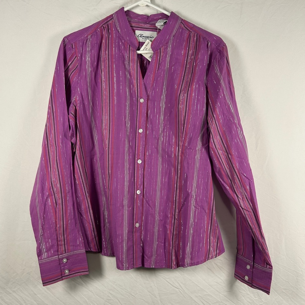 Classic Blues Button Down Womens Large Magenta New Y2K Metallic Striped Shirt